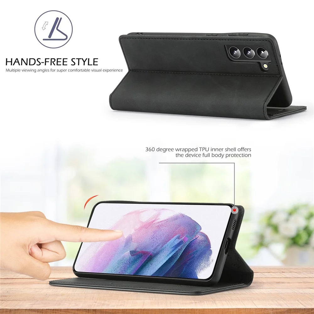 LC.IMEEKE Wallet Phone Case for Samsung Galaxy S22+ 5G, Strong Magnetic Auto Closing PU Leather Flip Stand Cover - Black - 5