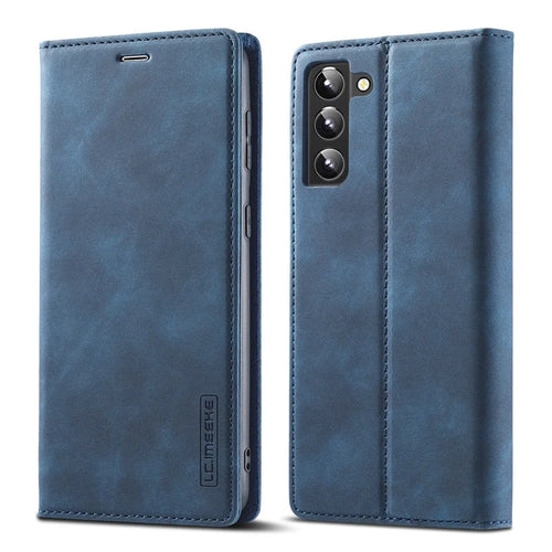 LC.IMEEKE Strong Magnetic Adsorption Shell for Samsung Galaxy S22 5G, PU Leather TPU Bumper Stand Flip Wallet Case - Blue - 1