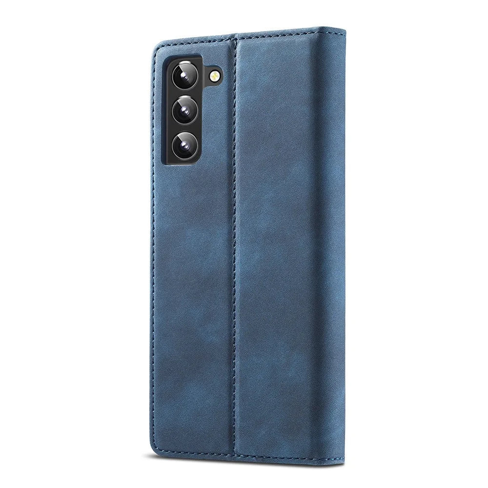 LC.IMEEKE Strong Magnetic Adsorption Shell for Samsung Galaxy S22 5G, PU Leather TPU Bumper Stand Flip Wallet Case - Blue - 3