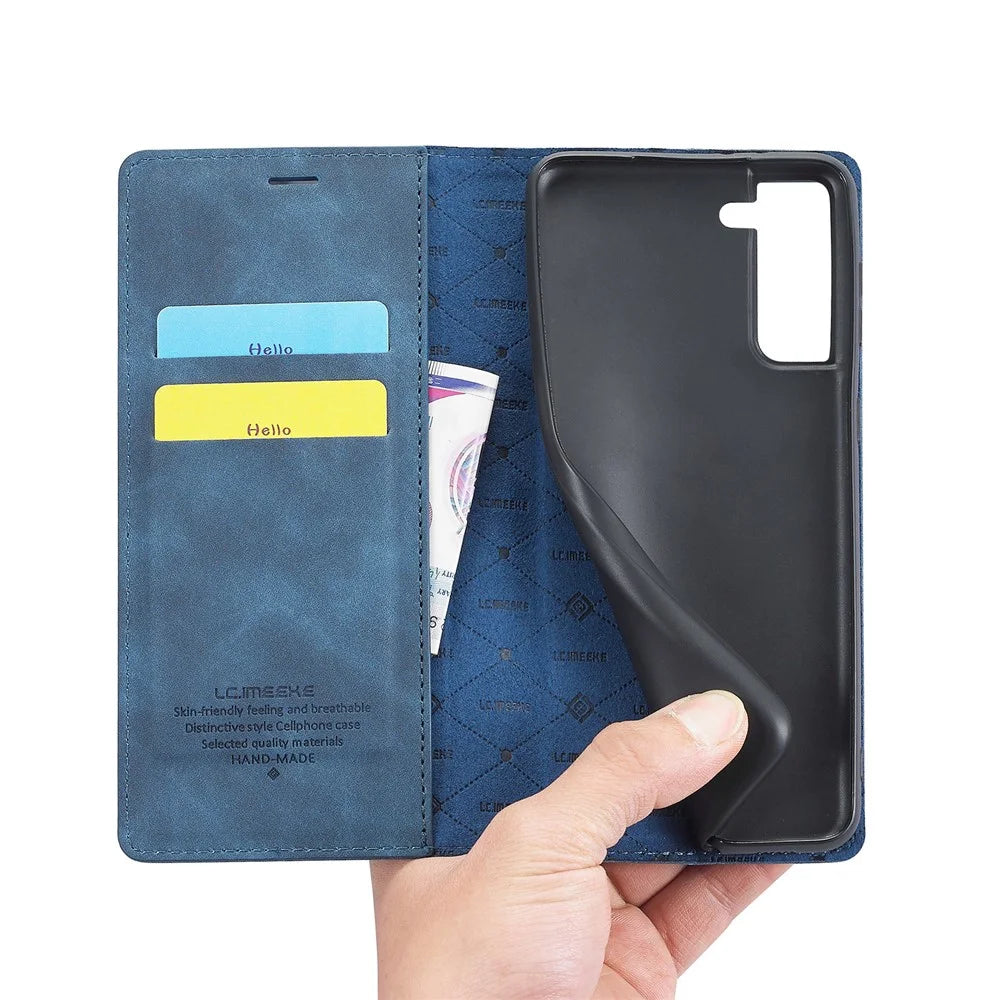 LC.IMEEKE Strong Magnetic Adsorption Shell for Samsung Galaxy S22 5G, PU Leather TPU Bumper Stand Flip Wallet Case - Blue - 4