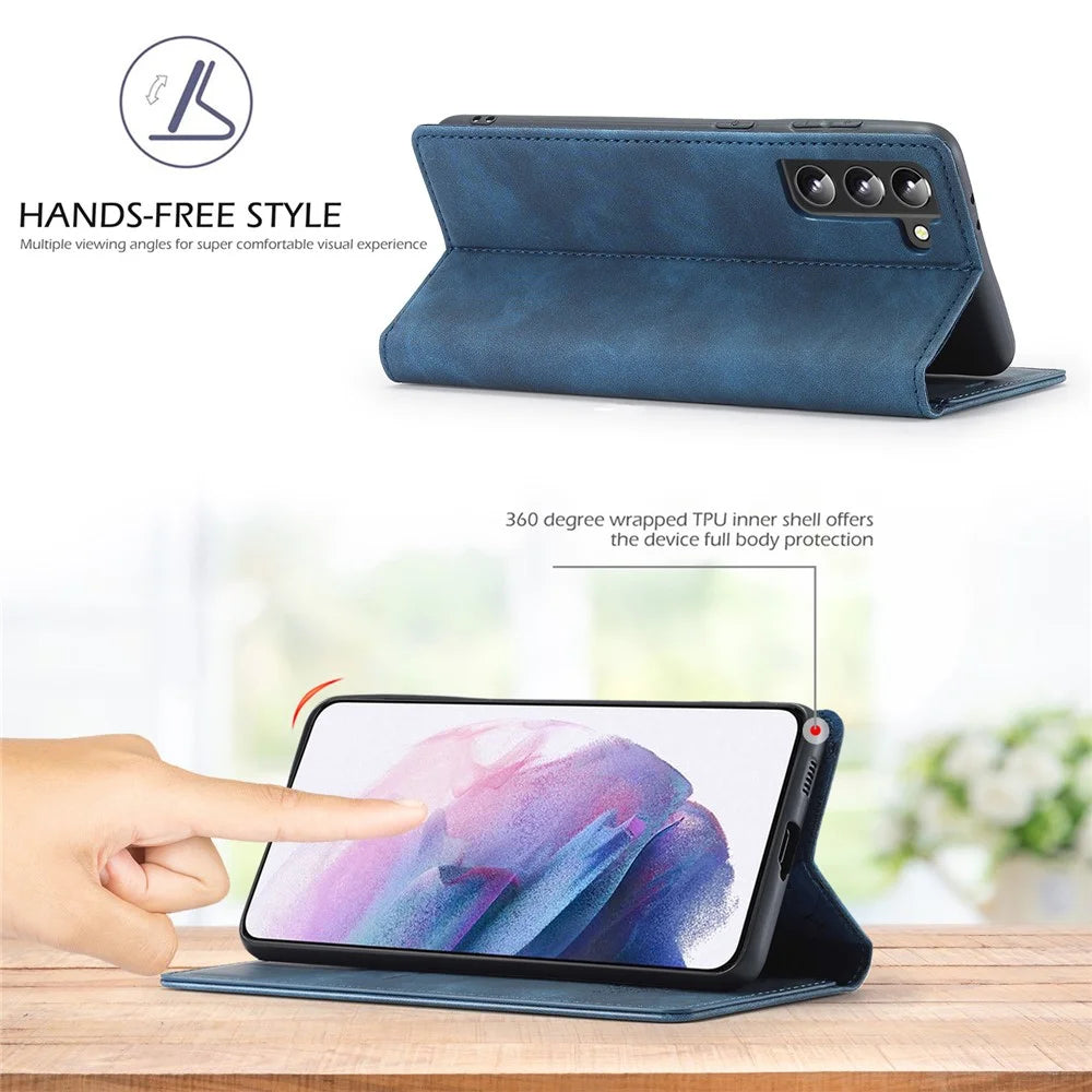 LC.IMEEKE Strong Magnetic Adsorption Shell for Samsung Galaxy S22 5G, PU Leather TPU Bumper Stand Flip Wallet Case - Blue - 5