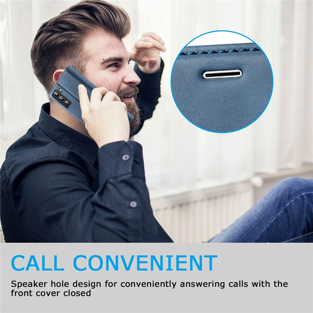 LC.IMEEKE Strong Magnetic Adsorption Shell for Samsung Galaxy S22 5G, PU Leather TPU Bumper Stand Flip Wallet Case - Blue - 6
