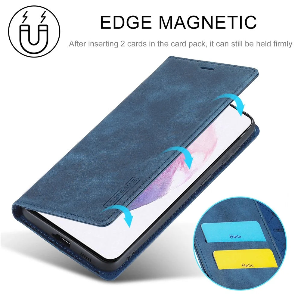 LC.IMEEKE Strong Magnetic Adsorption Shell for Samsung Galaxy S22 5G, PU Leather TPU Bumper Stand Flip Wallet Case - Blue - 7