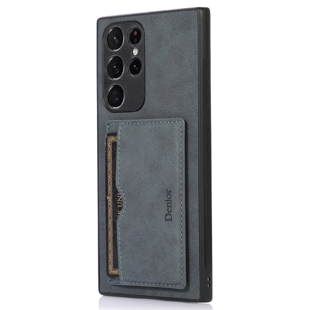 DENIOR For Samsung Galaxy S22 Ultra 5G Kickstand Card Holder Phone Case PU Leather Coated PC + TPU Cover - Dark Grey - 1