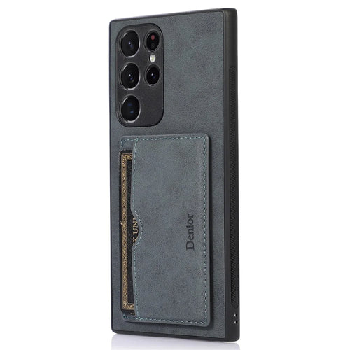 DENIOR For Samsung Galaxy S22 Ultra 5G Kickstand Card Holder Phone Case PU Leather Coated PC + TPU Cover - Dark Grey - 1