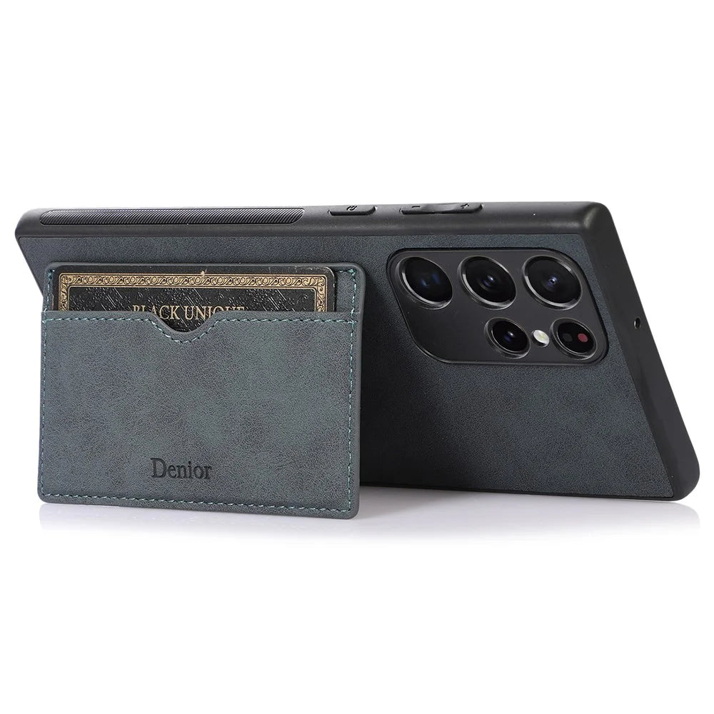 DENIOR For Samsung Galaxy S22 Ultra 5G Kickstand Card Holder Phone Case PU Leather Coated PC + TPU Cover - Dark Grey - 2