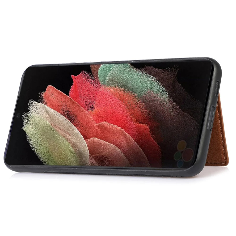 DENIOR For Samsung Galaxy S22 Ultra 5G Kickstand Card Holder Phone Case PU Leather Coated PC + TPU Cover - Dark Grey - 4