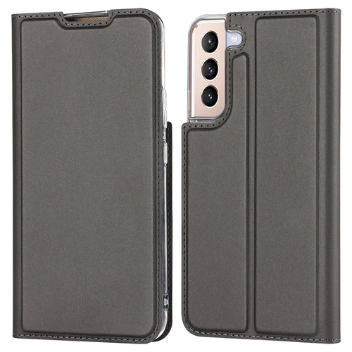 For Samsung Galaxy S22 5G Card Holder Design Full Protection PU Leather Protective Case with Stand Phone Shell - Grey - 1