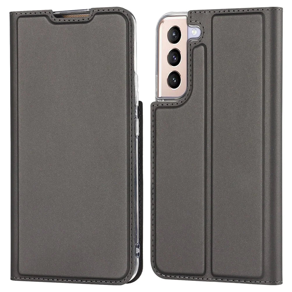 For Samsung Galaxy S22 5G Card Holder Design Full Protection PU Leather Protective Case with Stand Phone Shell - Grey - 1