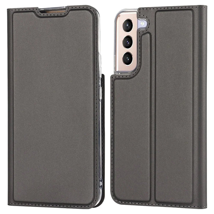 For Samsung Galaxy S22 5G Card Holder Design Full Protection PU Leather Protective Case with Stand Phone Shell - Grey - 1