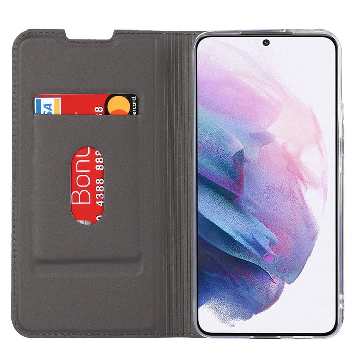 For Samsung Galaxy S22 5G Card Holder Design Full Protection PU Leather Protective Case with Stand Phone Shell - Grey - 4