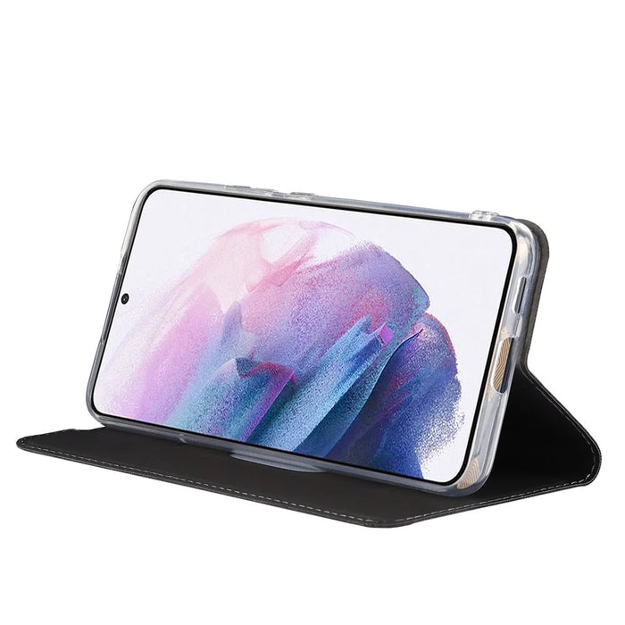 For Samsung Galaxy S22 5G Card Holder Design Full Protection PU Leather Protective Case with Stand Phone Shell - Grey - 5