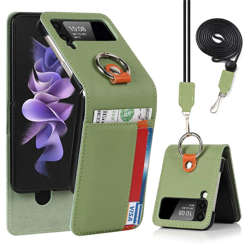 For Samsung Galaxy Z Flip3 5G Palm Print Card Slots PU Leather Phone Case Cover with Ring Holder Kickstand - Green - 1