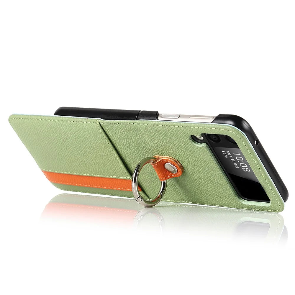 For Samsung Galaxy Z Flip3 5G Palm Print Card Slots PU Leather Phone Case Cover with Ring Holder Kickstand - Green - 2
