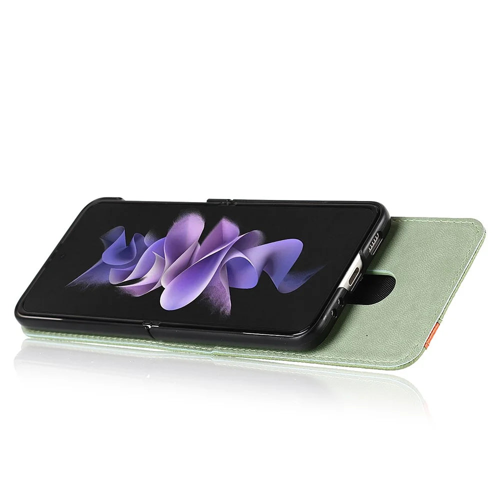 For Samsung Galaxy Z Flip3 5G Palm Print Card Slots PU Leather Phone Case Cover with Ring Holder Kickstand - Green - 3