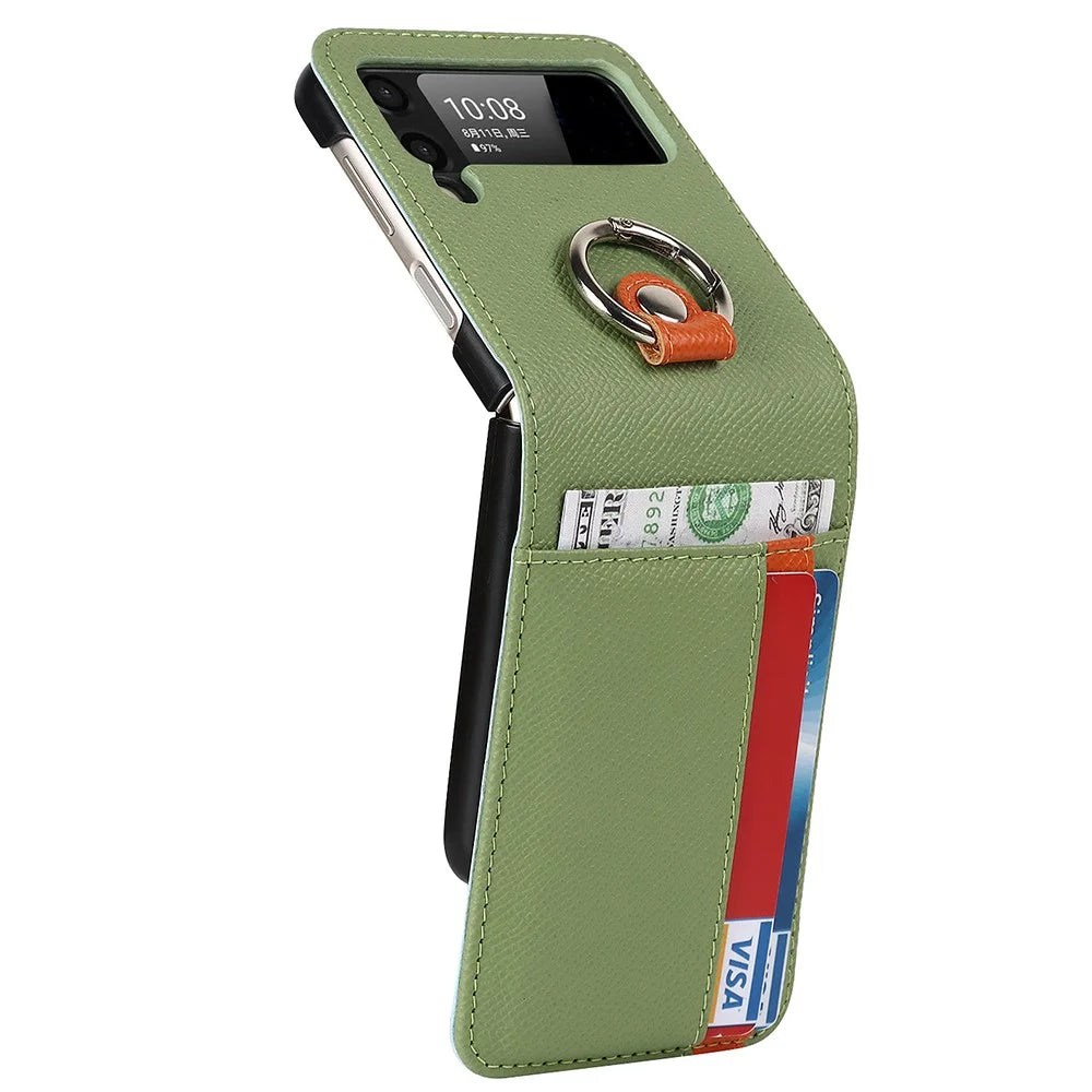 For Samsung Galaxy Z Flip3 5G Palm Print Card Slots PU Leather Phone Case Cover with Ring Holder Kickstand - Green - 4