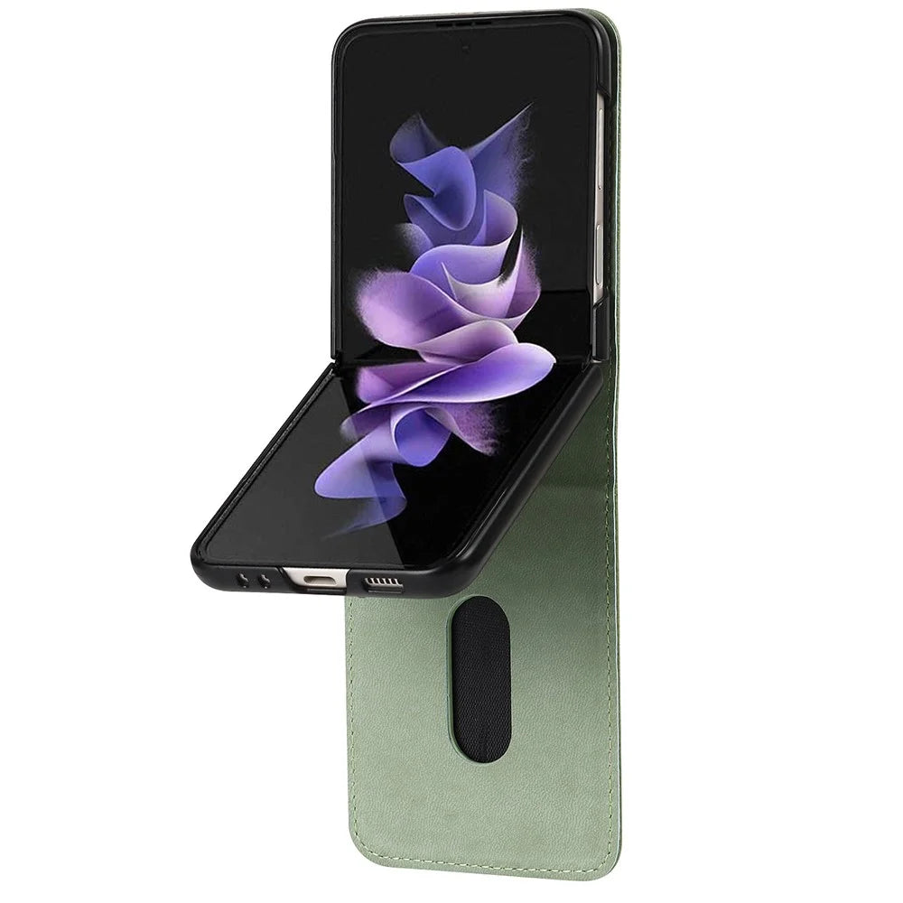 For Samsung Galaxy Z Flip3 5G Palm Print Card Slots PU Leather Phone Case Cover with Ring Holder Kickstand - Green - 5