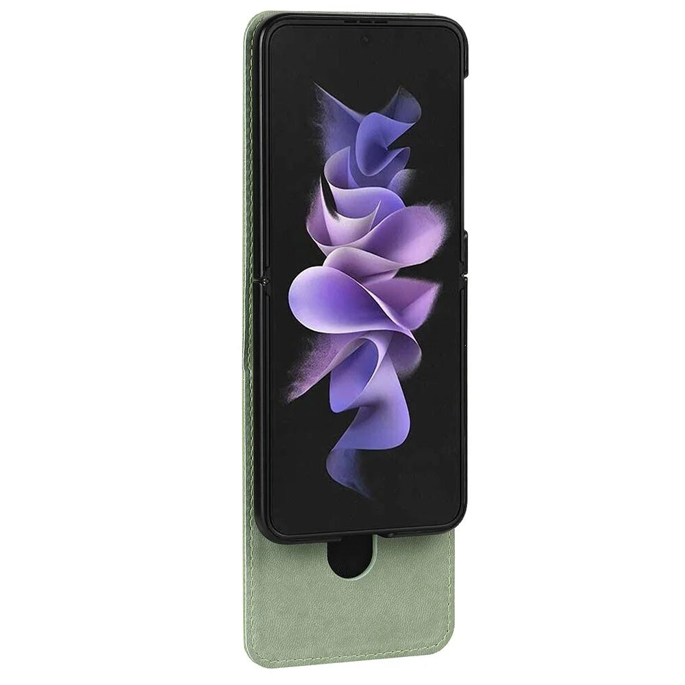 For Samsung Galaxy Z Flip3 5G Palm Print Card Slots PU Leather Phone Case Cover with Ring Holder Kickstand - Green - 6