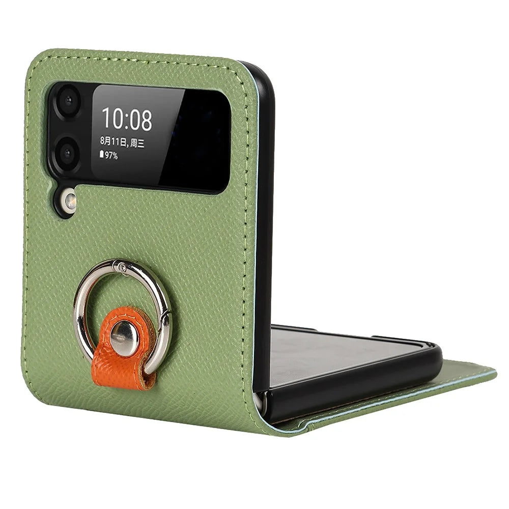 For Samsung Galaxy Z Flip3 5G Palm Print Card Slots PU Leather Phone Case Cover with Ring Holder Kickstand - Green - 7