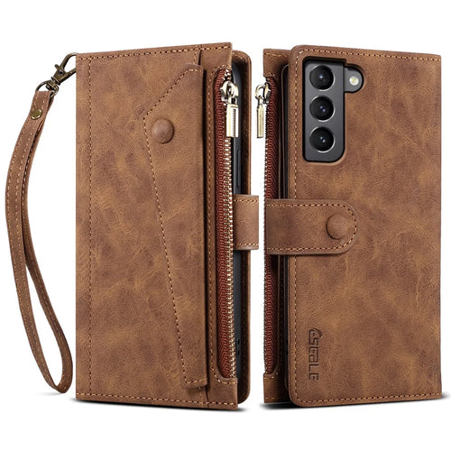ESEBLE For Samsung Galaxy S22 5G Multifunction Zipper Pocket Wallet Stand Phone Cover Case with Wrist Strap - Brown - 1