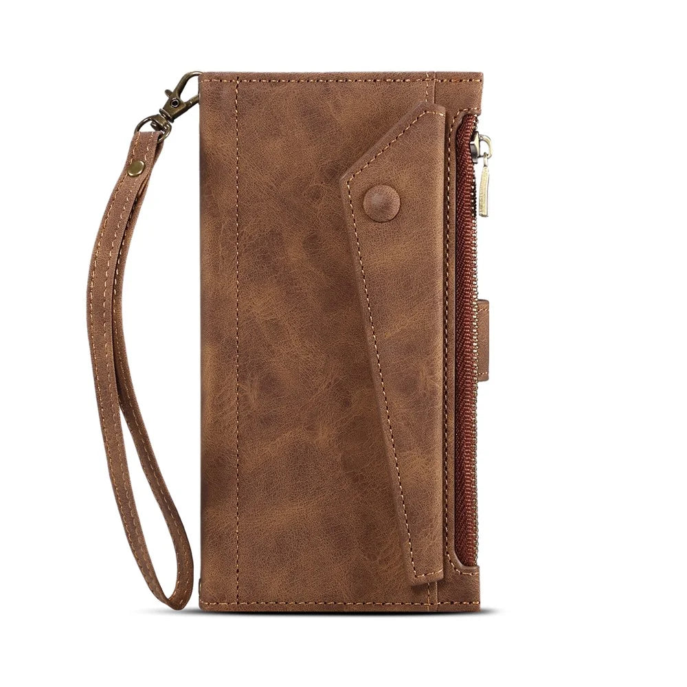 ESEBLE For Samsung Galaxy S22 5G Multifunction Zipper Pocket Wallet Stand Phone Cover Case with Wrist Strap - Brown - 2