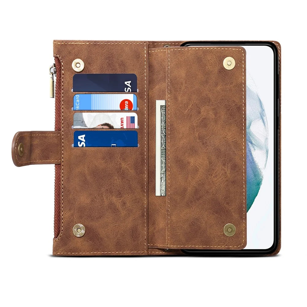 ESEBLE For Samsung Galaxy S22 5G Multifunction Zipper Pocket Wallet Stand Phone Cover Case with Wrist Strap - Brown - 5