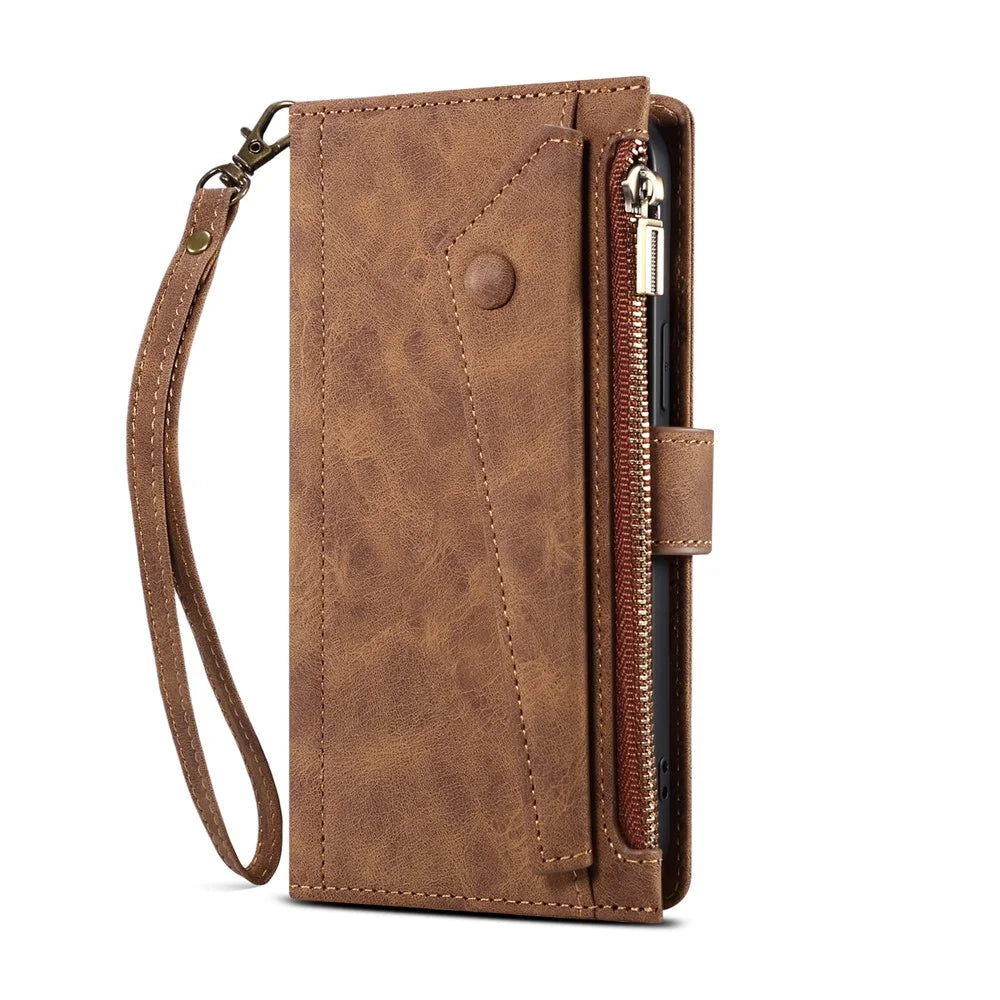 ESEBLE For Samsung Galaxy S22 5G Multifunction Zipper Pocket Wallet Stand Phone Cover Case with Wrist Strap - Brown - 6