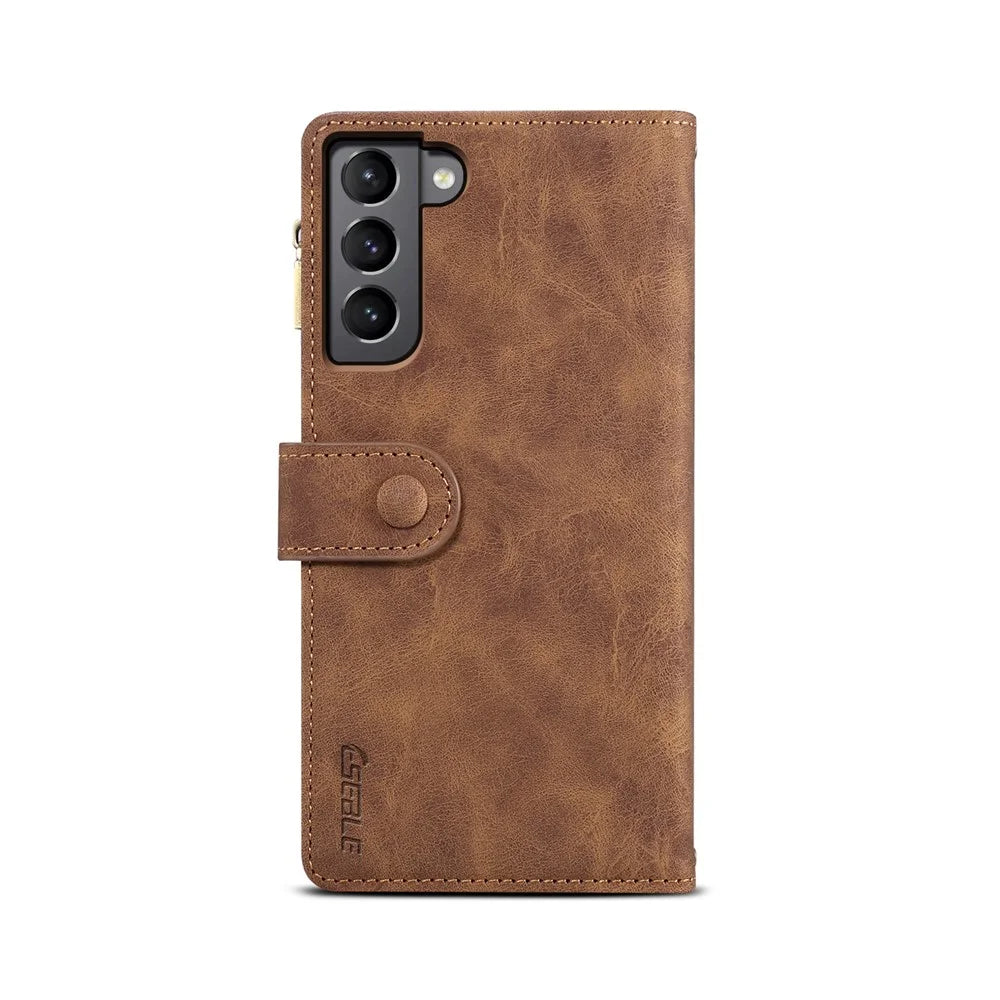 ESEBLE For Samsung Galaxy S22+ 5G Multifunction Zipper Pocket Wallet Stand Cover Shockproof Phone Case with Wrist Strap - Brown - 4