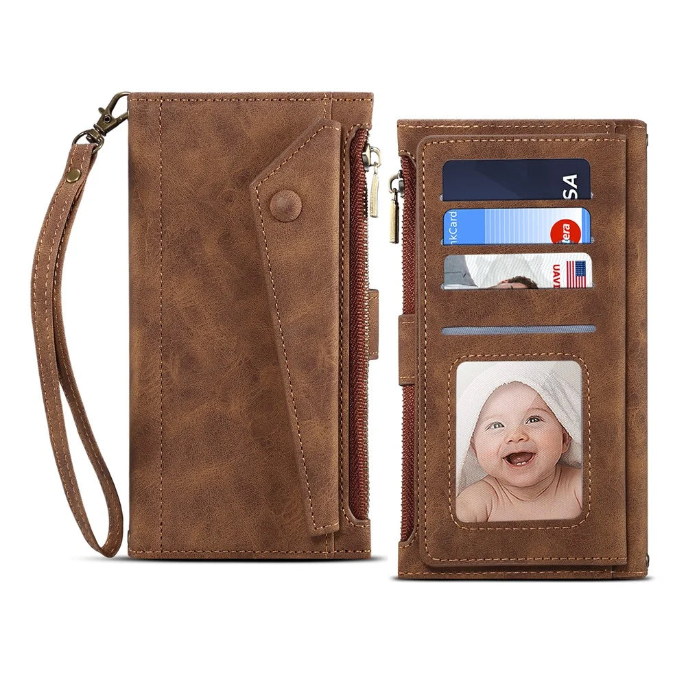 ESEBLE For Samsung Galaxy S22+ 5G Multifunction Zipper Pocket Wallet Stand Cover Shockproof Phone Case with Wrist Strap - Brown - 7
