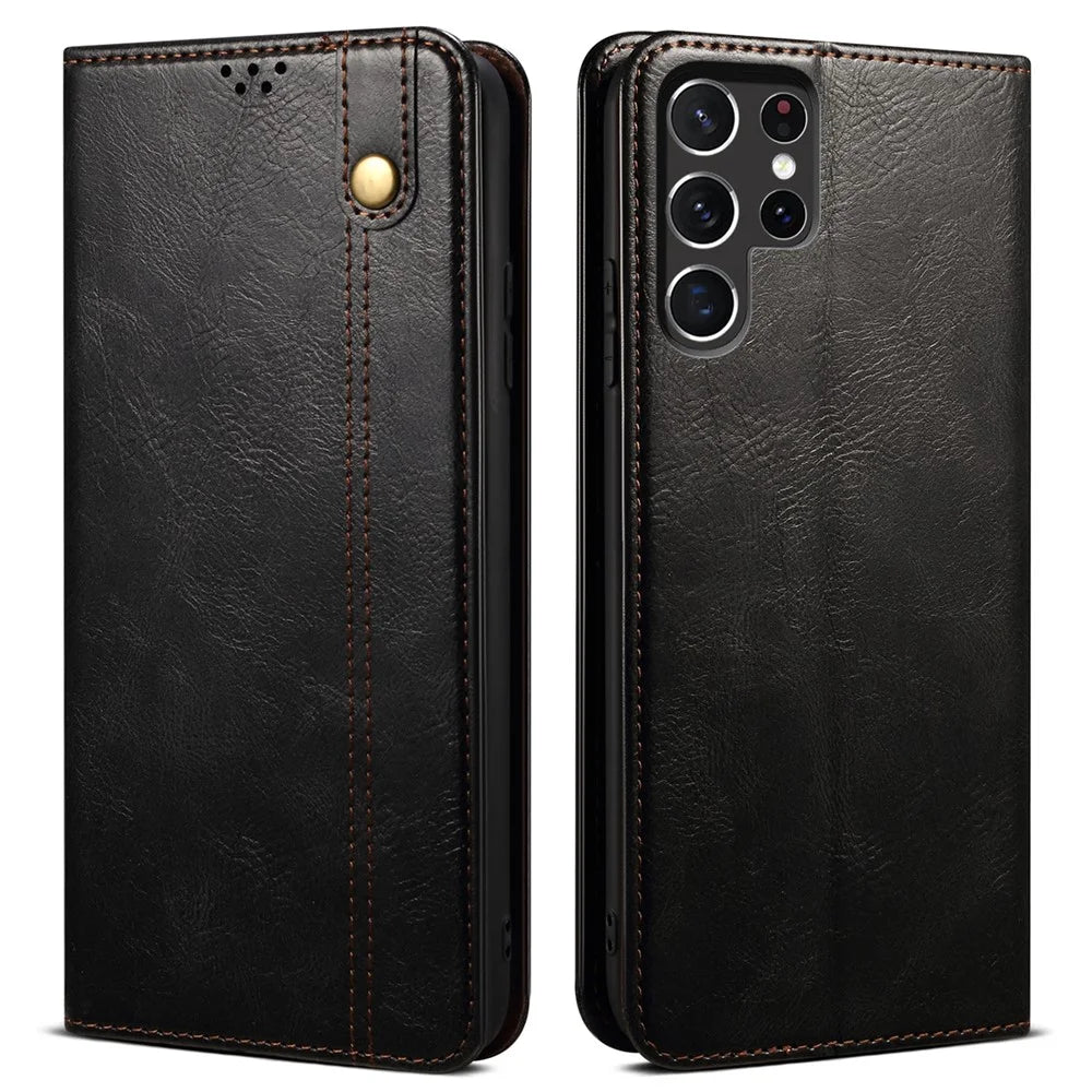 For Samsung Galaxy S22 Ultra 5G Crazy Horse Texture Anti-scratch Waxy PU Leather Magnetic Absorption Wallet Stand Phone Case Cover Shell - Black - 1
