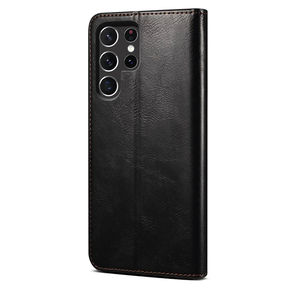 For Samsung Galaxy S22 Ultra 5G Crazy Horse Texture Anti-scratch Waxy PU Leather Magnetic Absorption Wallet Stand Phone Case Cover Shell - Black - 3