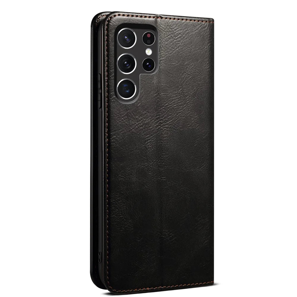 For Samsung Galaxy S22 Ultra 5G Crazy Horse Texture Anti-scratch Waxy PU Leather Magnetic Absorption Wallet Stand Phone Case Cover Shell - Black - 4