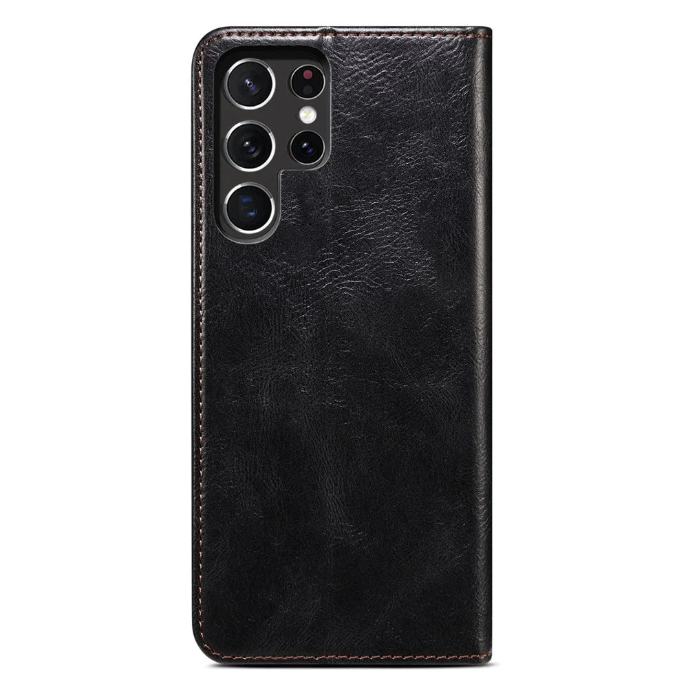 For Samsung Galaxy S22 Ultra 5G Crazy Horse Texture Anti-scratch Waxy PU Leather Magnetic Absorption Wallet Stand Phone Case Cover Shell - Black - 5