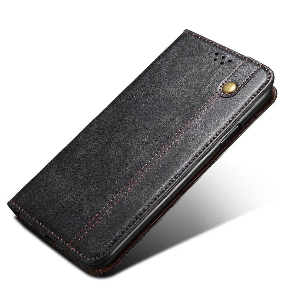 For Samsung Galaxy S22 Ultra 5G Crazy Horse Texture Anti-scratch Waxy PU Leather Magnetic Absorption Wallet Stand Phone Case Cover Shell - Black - 6