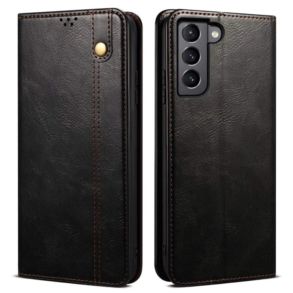 For Samsung Galaxy S22 5G Crazy Horse Texture Waxy PU Leather Magnetic Absorption Wallet Stand Anti-drop Phone Case Cover Shell - Black - 1