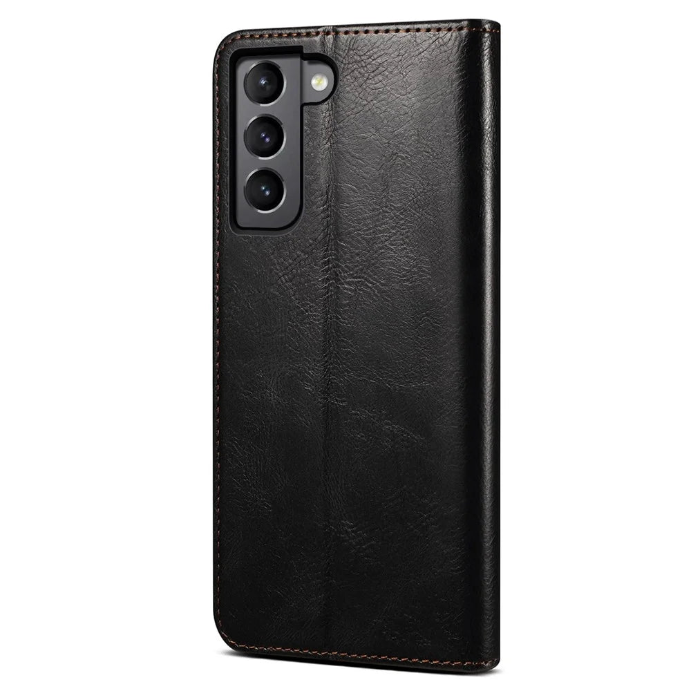 For Samsung Galaxy S22 5G Crazy Horse Texture Waxy PU Leather Magnetic Absorption Wallet Stand Anti-drop Phone Case Cover Shell - Black - 3