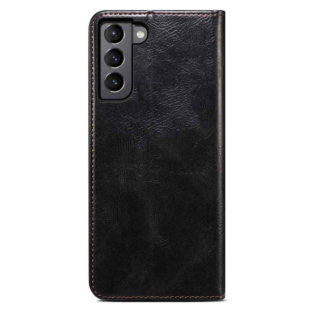 For Samsung Galaxy S22 5G Crazy Horse Texture Waxy PU Leather Magnetic Absorption Wallet Stand Anti-drop Phone Case Cover Shell - Black - 5