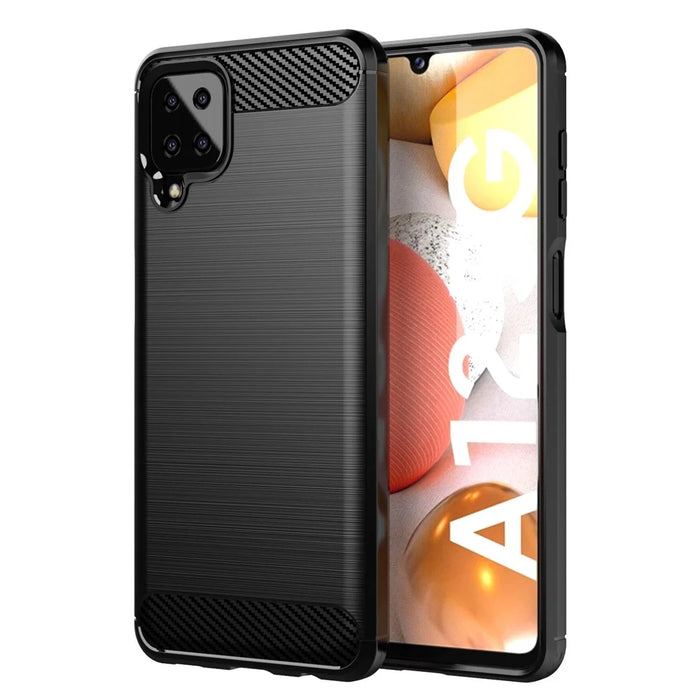 Carbon Fiber Texture Phone Shell for Samsung Galaxy A12 Shockproof 1.8mm TPU Case Brushed Surface Phone Cover - Black - 1