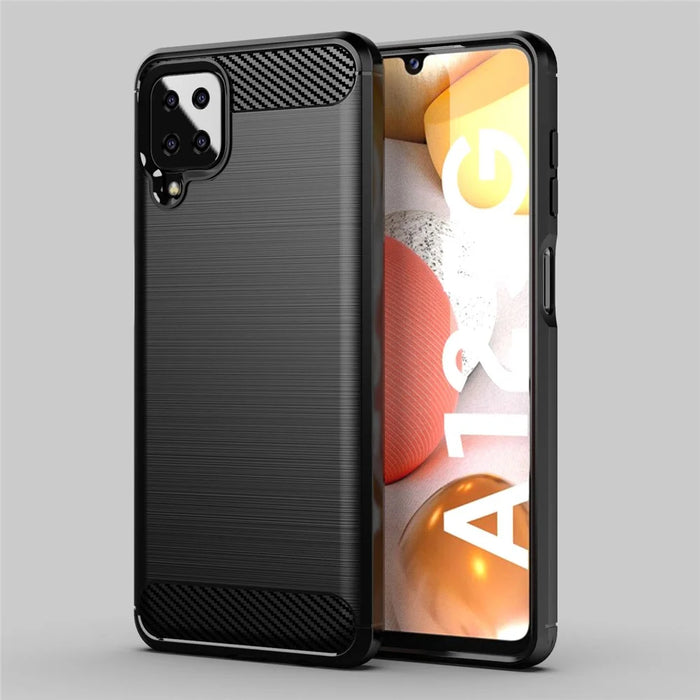 Carbon Fiber Texture Phone Shell for Samsung Galaxy A12 Shockproof 1.8mm TPU Case Brushed Surface Phone Cover - Black - 5