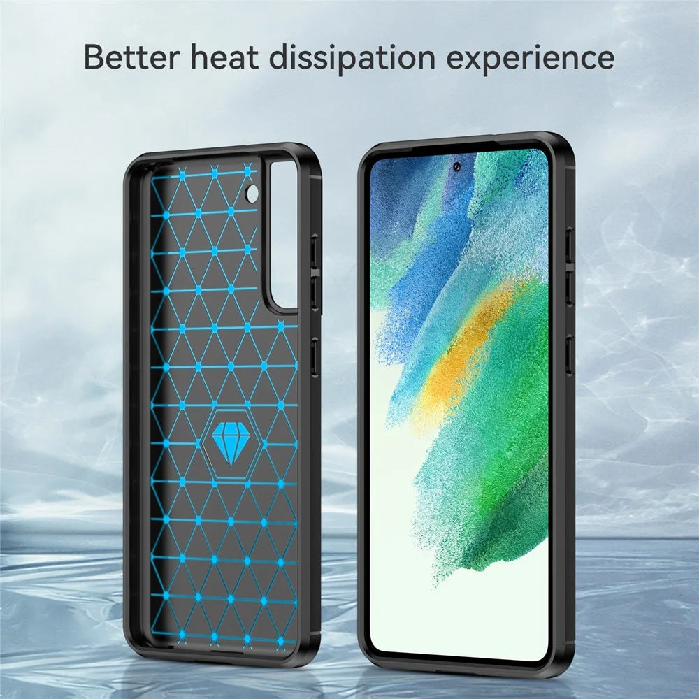Heat Dissipation TPU Case for Samsung Galaxy S21 FE 5G / S21 Fan Edition, 1.8mm Brushed Surface Carbon Fiber Texture Soft Back Protective Cover - Black - 5