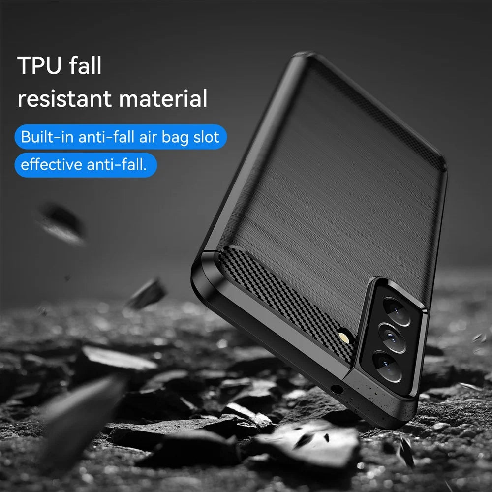 Heat Dissipation TPU Case for Samsung Galaxy S21 FE 5G / S21 Fan Edition, 1.8mm Brushed Surface Carbon Fiber Texture Soft Back Protective Cover - Black - 6