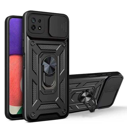 For Samsung Galaxy A22 5G (EU Version) Anti-fingerprint Ring Kickstand Design Slide Camera Cover PC + TPU Hybrid Protective Phone Cover Case - Black - 1
