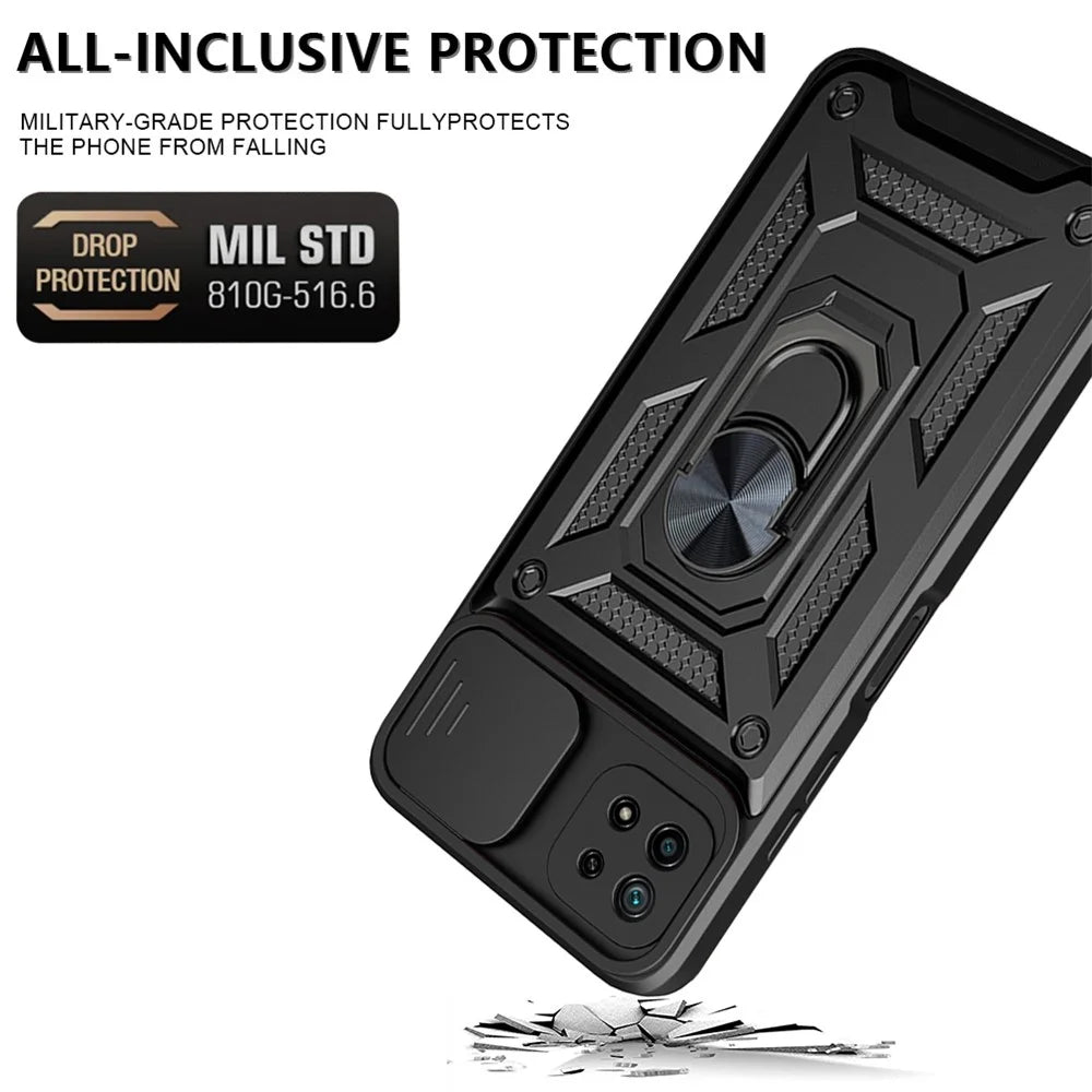 For Samsung Galaxy A22 5G (EU Version) Anti-fingerprint Ring Kickstand Design Slide Camera Cover PC + TPU Hybrid Protective Phone Cover Case - Black - 2