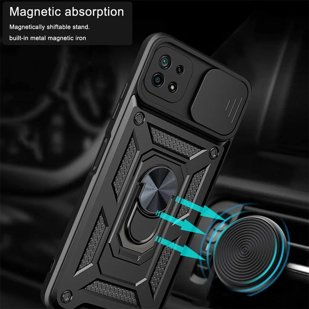 For Samsung Galaxy A22 5G (EU Version) Anti-fingerprint Ring Kickstand Design Slide Camera Cover PC + TPU Hybrid Protective Phone Cover Case - Black - 3