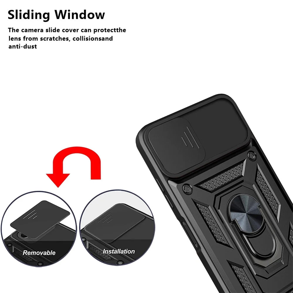 For Samsung Galaxy A22 5G (EU Version) Anti-fingerprint Ring Kickstand Design Slide Camera Cover PC + TPU Hybrid Protective Phone Cover Case - Black - 4