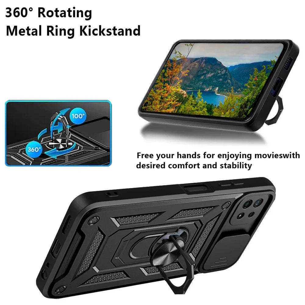 For Samsung Galaxy A22 5G (EU Version) Anti-fingerprint Ring Kickstand Design Slide Camera Cover PC + TPU Hybrid Protective Phone Cover Case - Black - 5