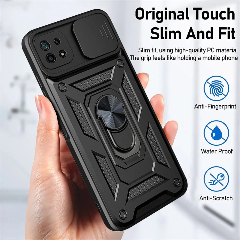 For Samsung Galaxy A22 5G (EU Version) Anti-fingerprint Ring Kickstand Design Slide Camera Cover PC + TPU Hybrid Protective Phone Cover Case - Black - 6