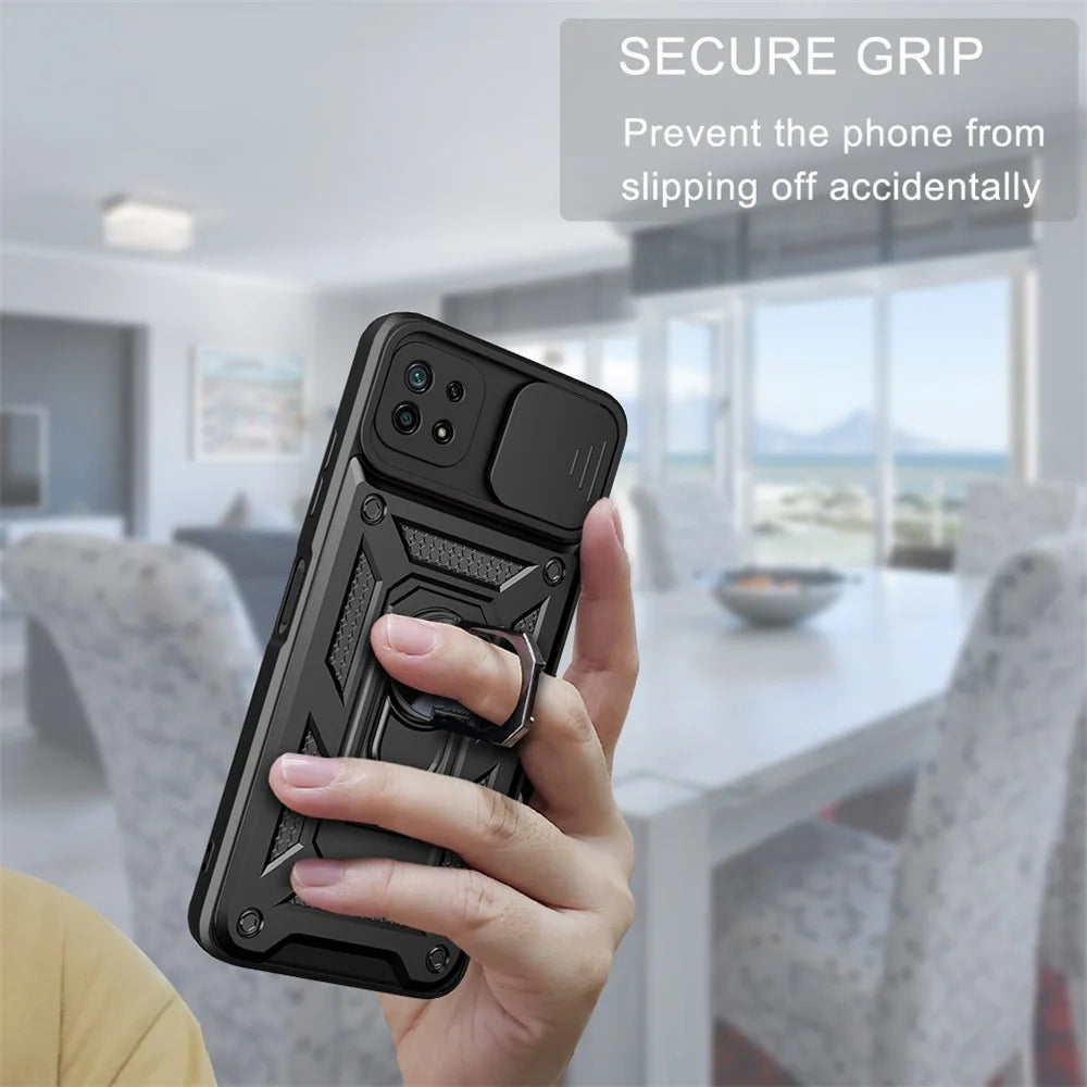 For Samsung Galaxy A22 5G (EU Version) Anti-fingerprint Ring Kickstand Design Slide Camera Cover PC + TPU Hybrid Protective Phone Cover Case - Black - 7