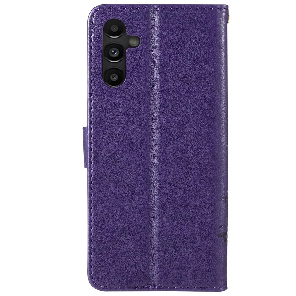 For Samsung Galaxy A13 5G / A04s 4G (164.7mm) PU Leather Phone Covering Smartphone Case Stylish Imprint Butterflies Practical Wallet - Dark Purple - 3