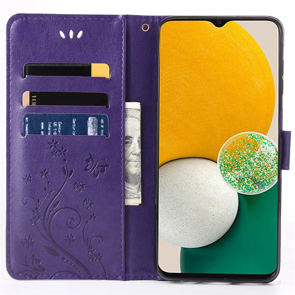 For Samsung Galaxy A13 5G / A04s 4G (164.7mm) PU Leather Phone Covering Smartphone Case Stylish Imprint Butterflies Practical Wallet - Dark Purple - 5